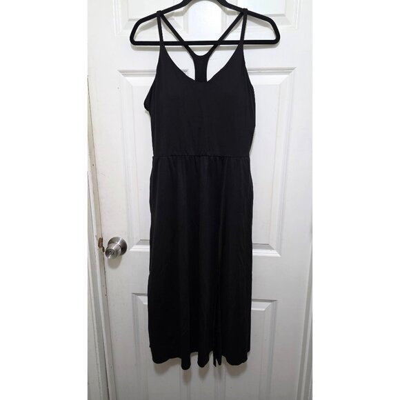 Black Sleeveless Midi Stretch Dress Strappy Back & Side Slit Size L - Picture 2 of 6